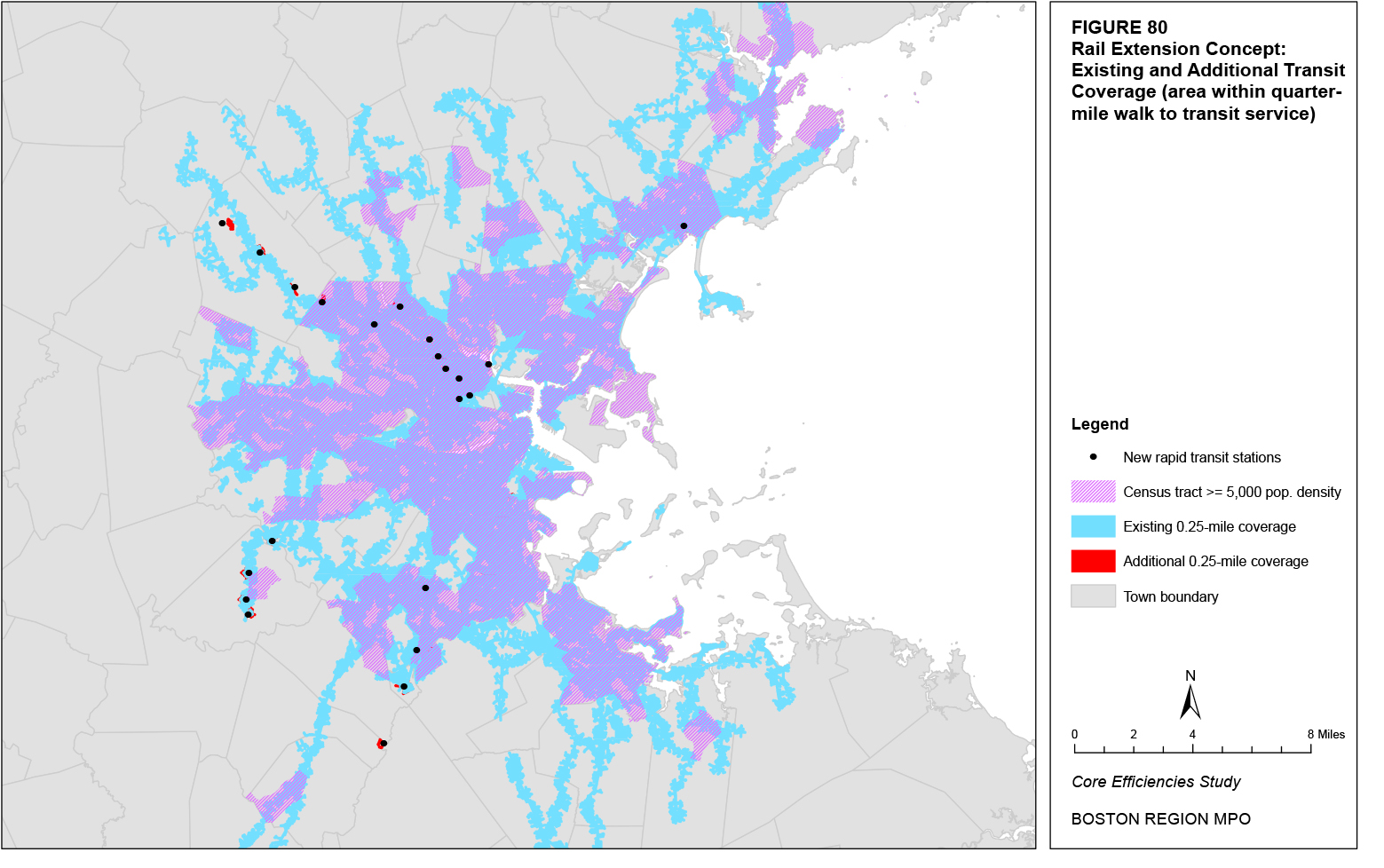 This map shows quarter-mile coverage of the existing transit network and the additional coverage that would be provided with the rail extension concept.